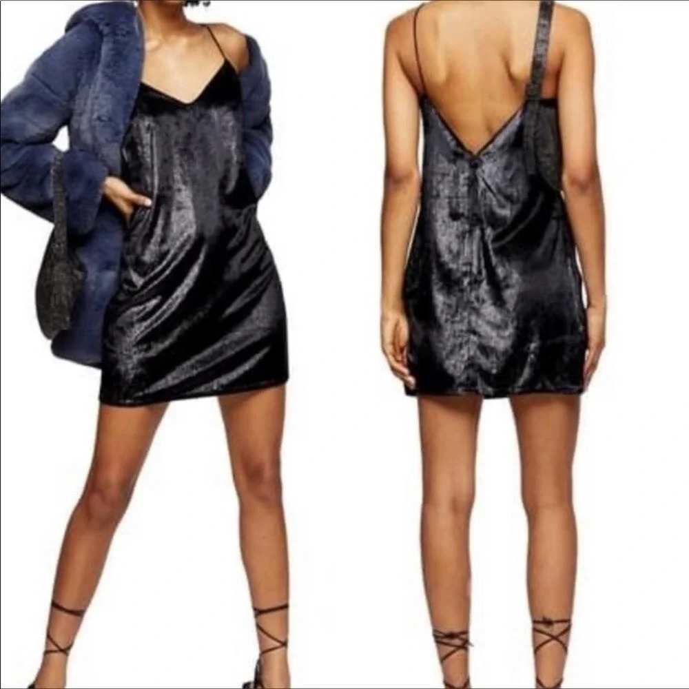 TopShop Glitter Velvet Mini Slip Dress Black LBD 4